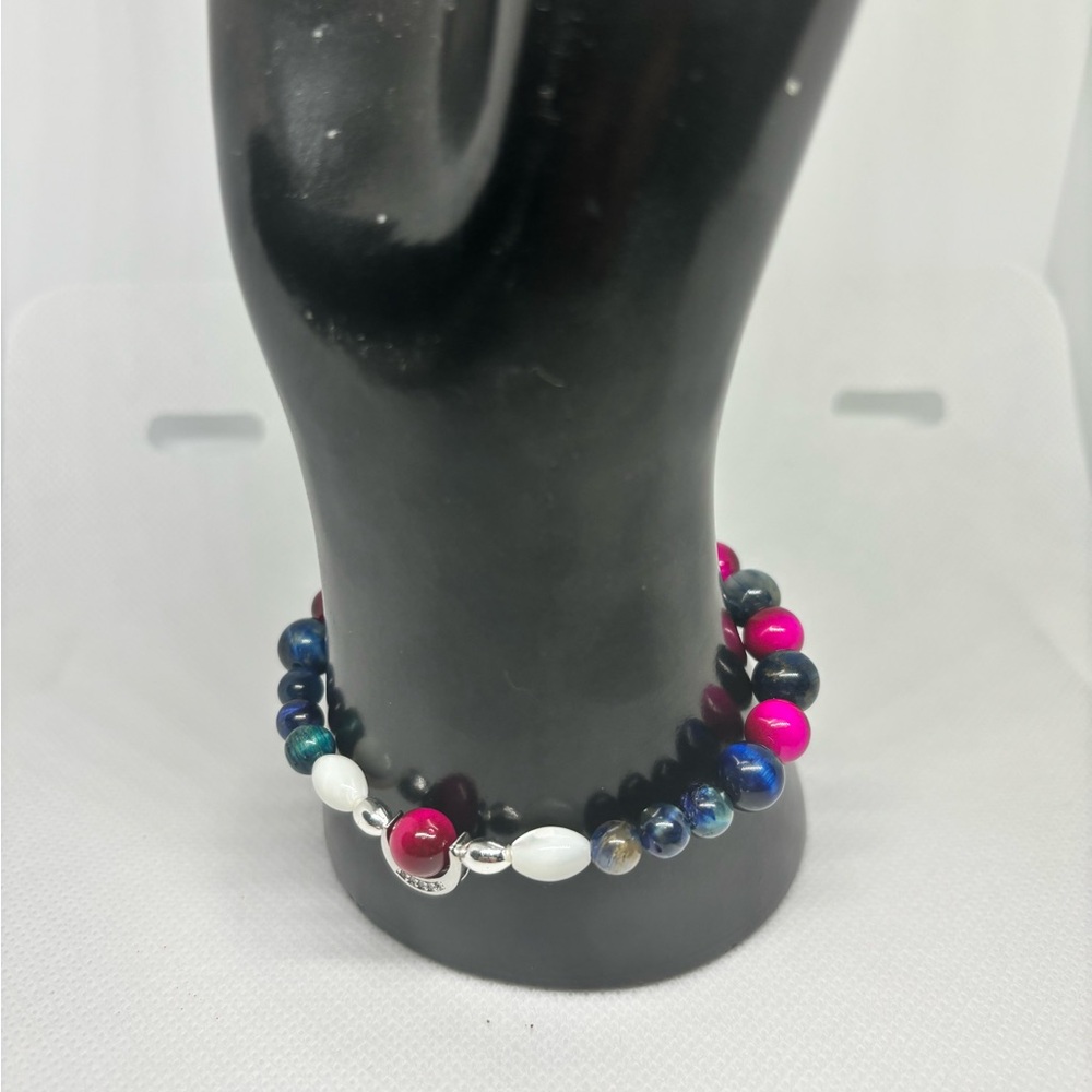 Blue Pietersite and Pink Tiger’s Eye 14k White Gold P Moon Stretch Bracelet